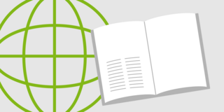 Icon einer angedeuteten Weltkugel mit geöffnetem Projekt-Buch